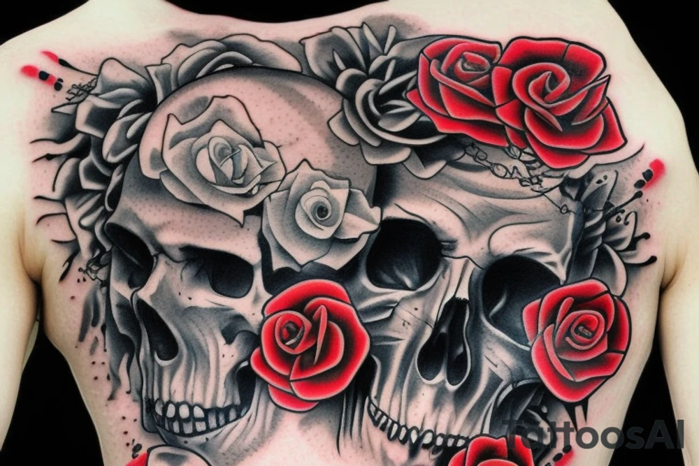A horror inspired tattoo with skulls and roses tattoo idea