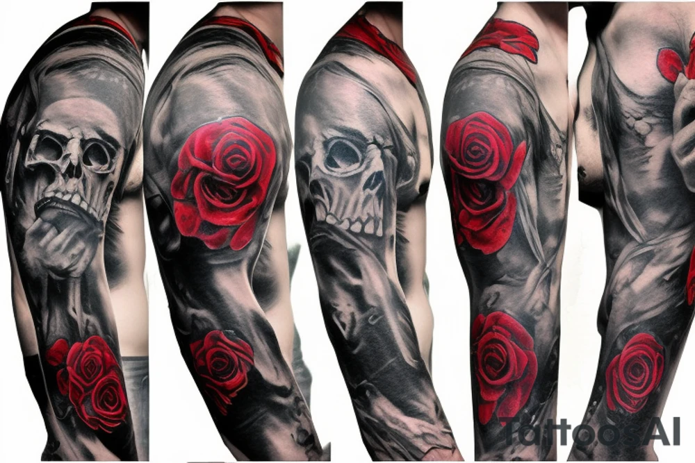 A full arm sleeve horror inspired tattoo with skulls and roses tattoo idea