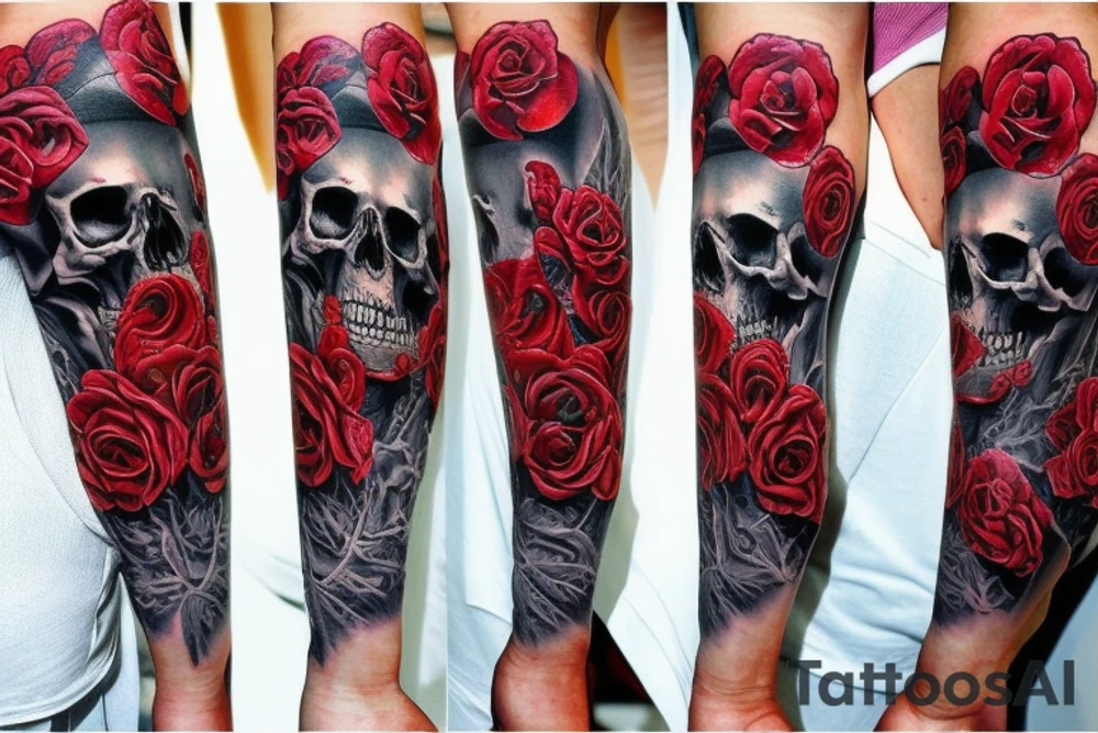 A full arm sleeve horror inspired tattoo with skulls and roses tattoo idea