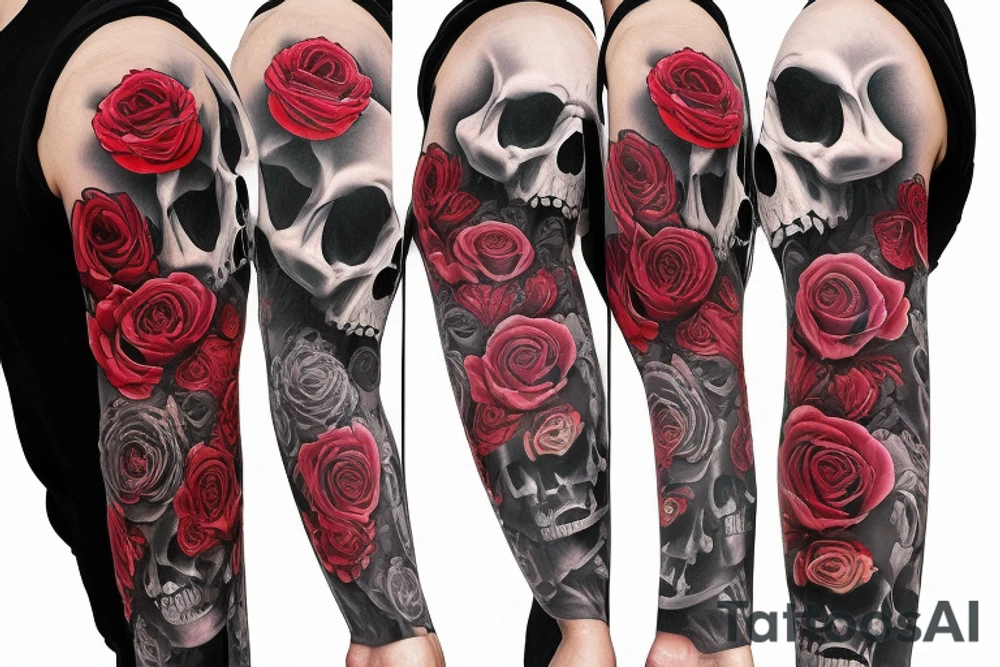 Full sleeve of roses skulls horror themed tattoo idea