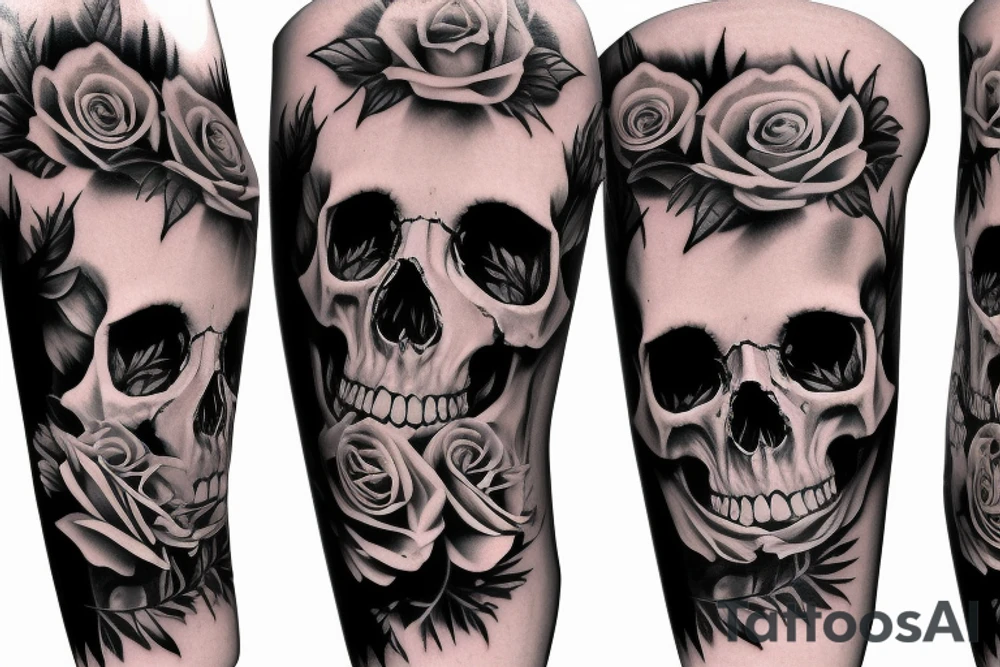 Full sleeve of roses skulls horror themed tattoo idea