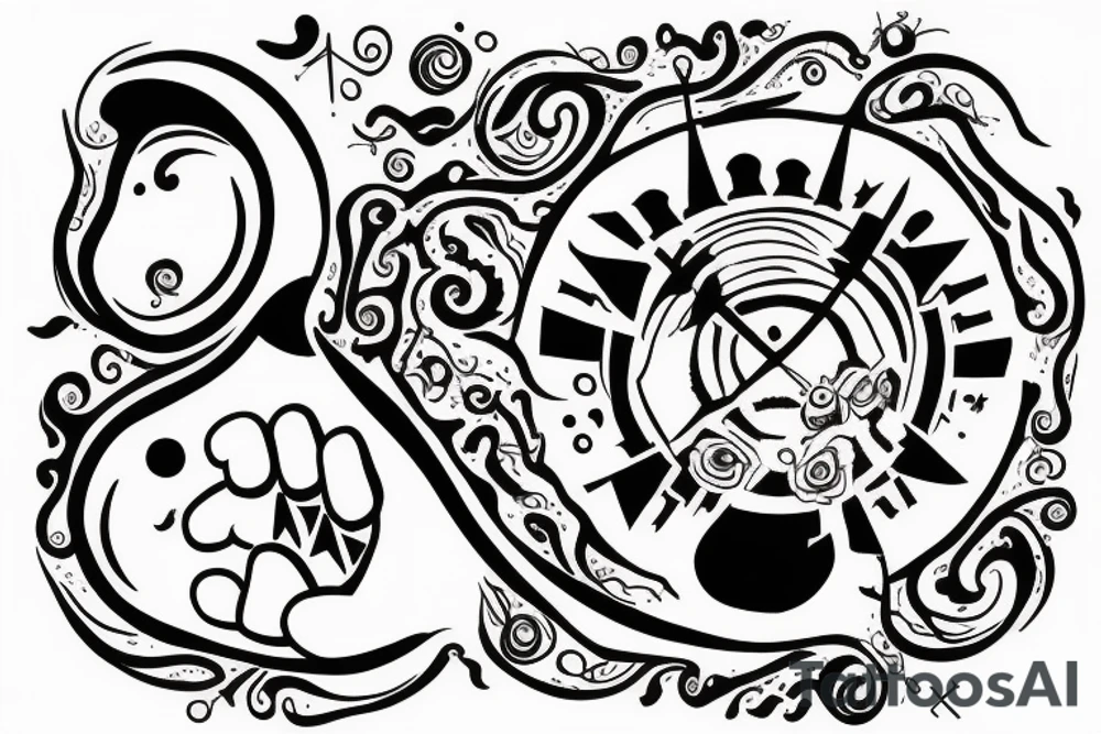 A circle with hands shaping clay, an upside down castle and the mountains tattoo idea