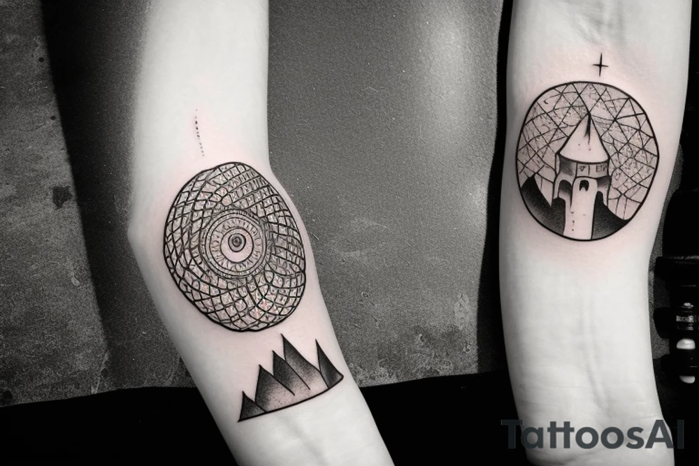 A circle with hands shaping clay, an upside down castle and the mountains tattoo idea