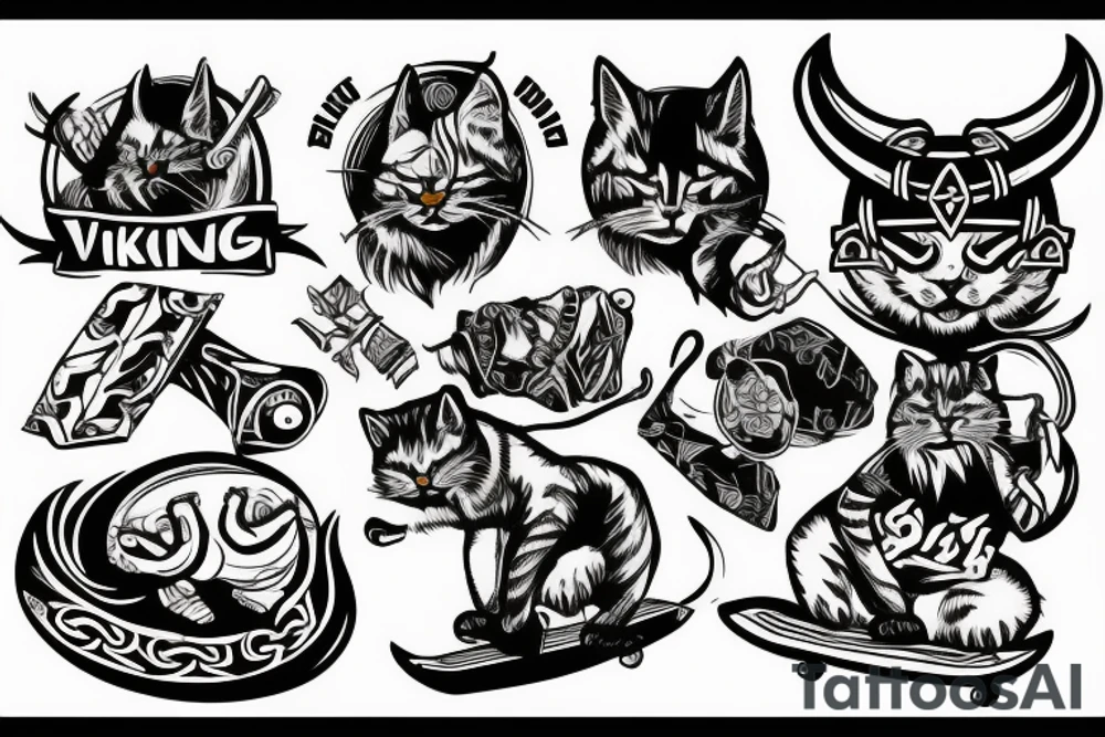 Skateboarding Viking cat tattoo idea