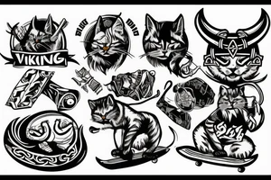 Skateboarding Viking cat tattoo idea