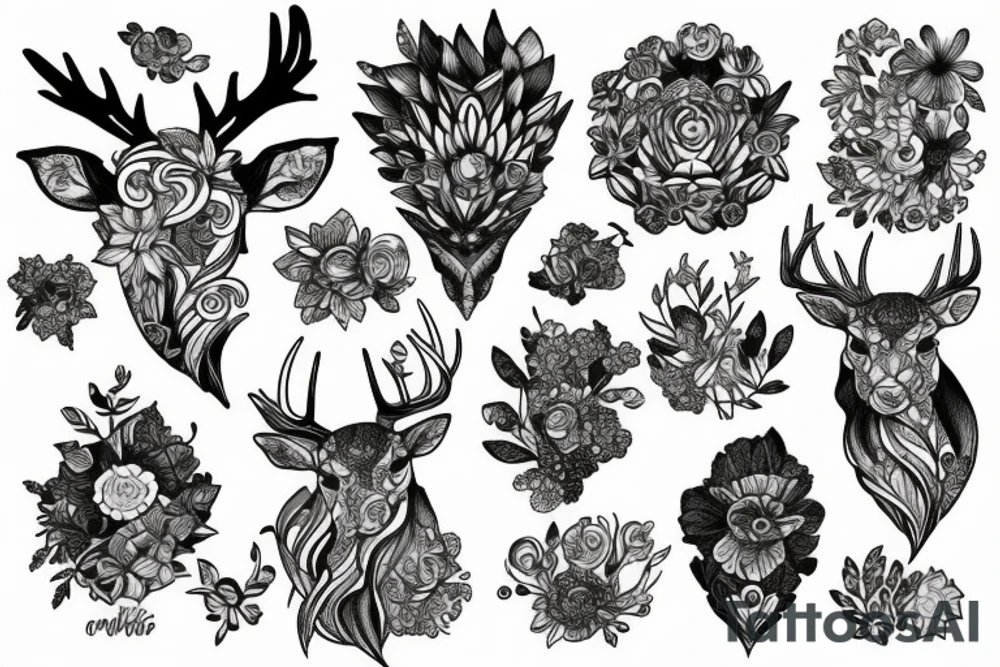 Deer crystals flowers tattoo idea