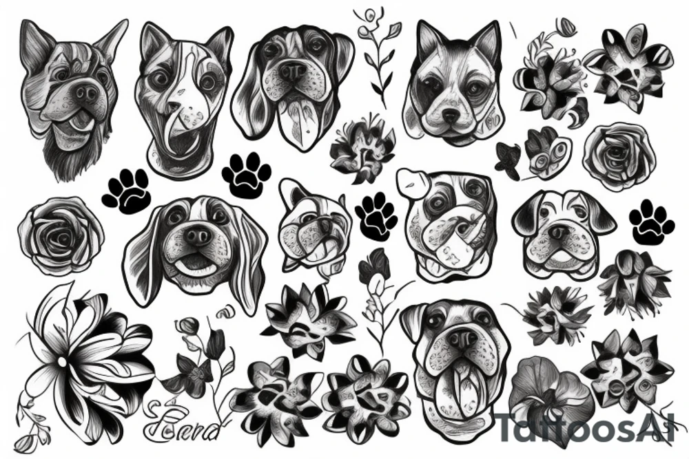 flower with dog head in the middle and cat inside the dog tattoo idea