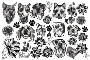 flower with dog head in the middle and cat inside the dog tattoo idea