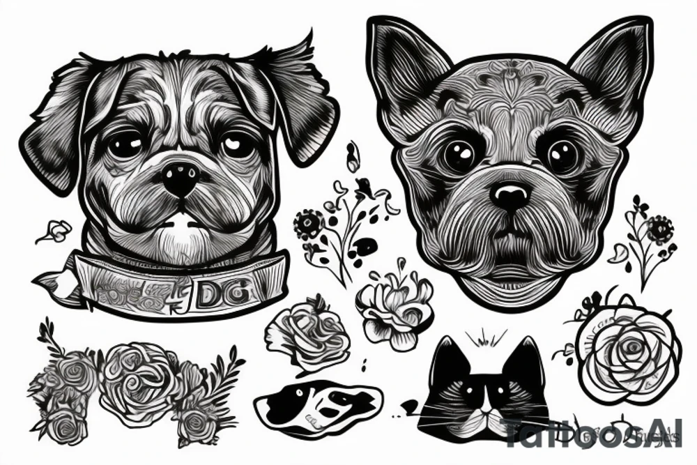 flower with dog head in the middle and cat inside the dog tattoo idea
