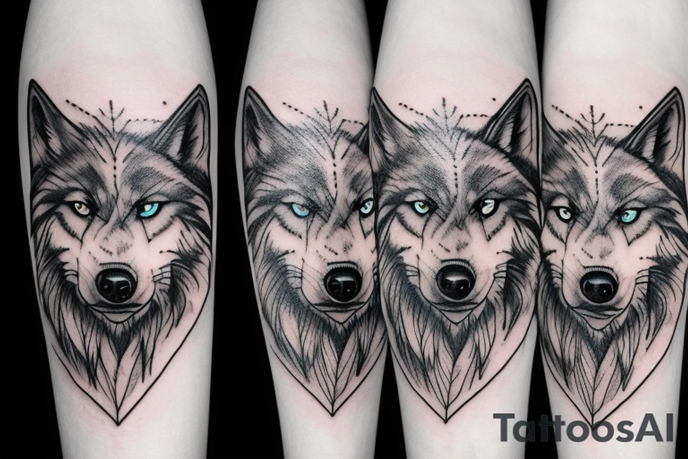 The combination of a wolf and a human skull for on the upper leg tattoo idea