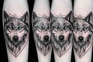 The combination of a wolf and a human skull for on the upper leg tattoo idea