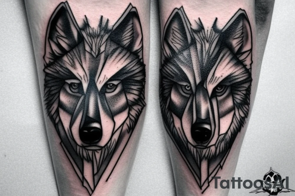 The combination of a wolf and a human skull for on the upper leg tattoo idea