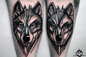 The combination of a wolf and a human skull for on the upper leg tattoo idea