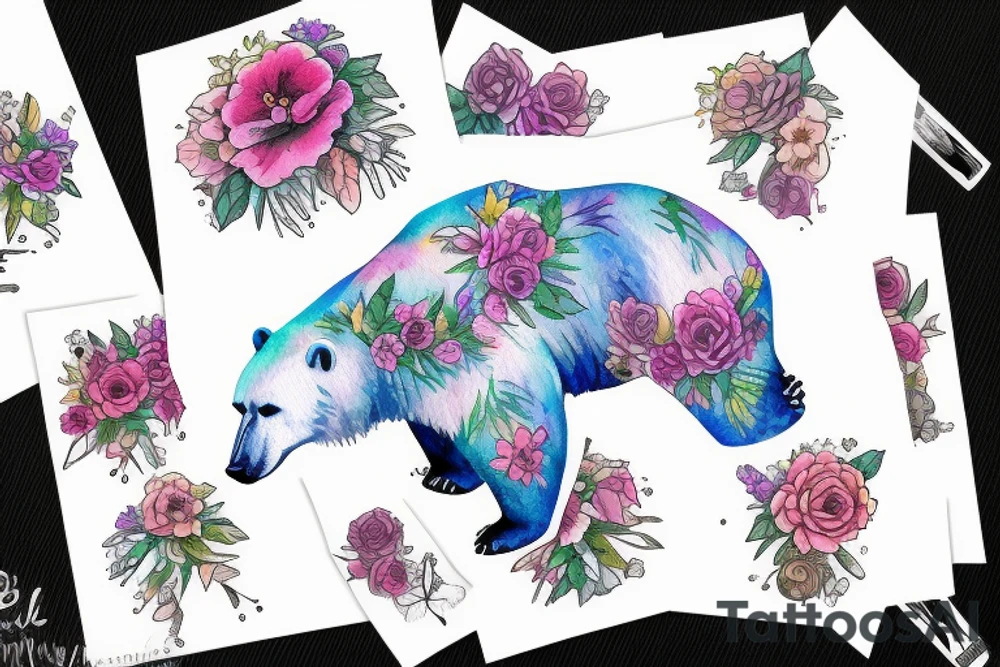 polar bear with flower crown tattoo idea