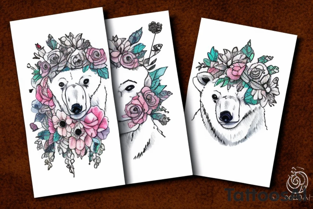 polar bear with flower crown tattoo idea