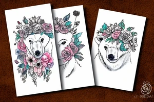 polar bear with flower crown tattoo idea