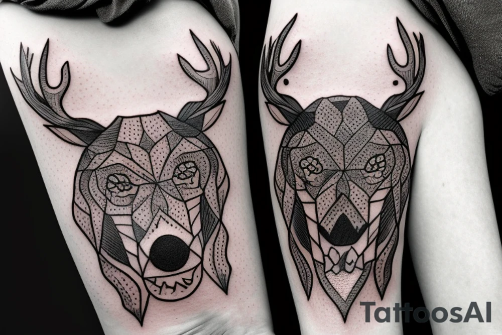 Skull of a deer and a wolf tattoo idea