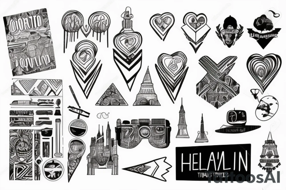Black mountain with heartbeat and world travel tattoo idea