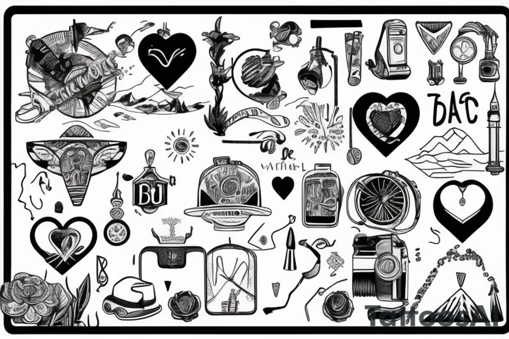 Black mountain with heartbeat and world travel tattoo idea