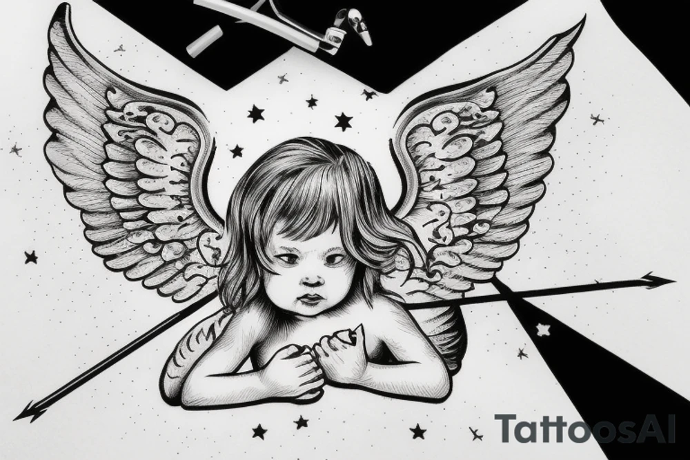 cherub blonde baby girl with angel wings and devil horns shooting bow and arrows tipped with stars tattoo idea