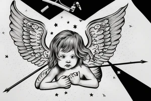cherub blonde baby girl with angel wings and devil horns shooting bow and arrows tipped with stars tattoo idea