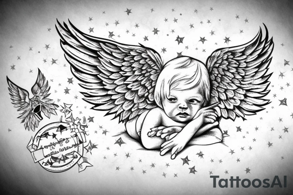 cherub blonde baby girl with angel wings and devil horns shooting bow and arrows tipped with stars tattoo idea