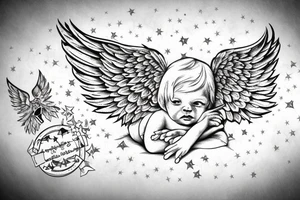 cherub blonde baby girl with angel wings and devil horns shooting bow and arrows tipped with stars tattoo idea