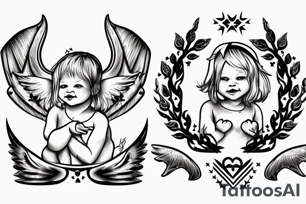 cherub blonde baby girl with angel wings and devil horns and a halo, shooting bow and arrows tipped with stars tattoo idea