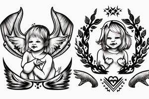 cherub blonde baby girl with angel wings and devil horns and a halo, shooting bow and arrows tipped with stars tattoo idea