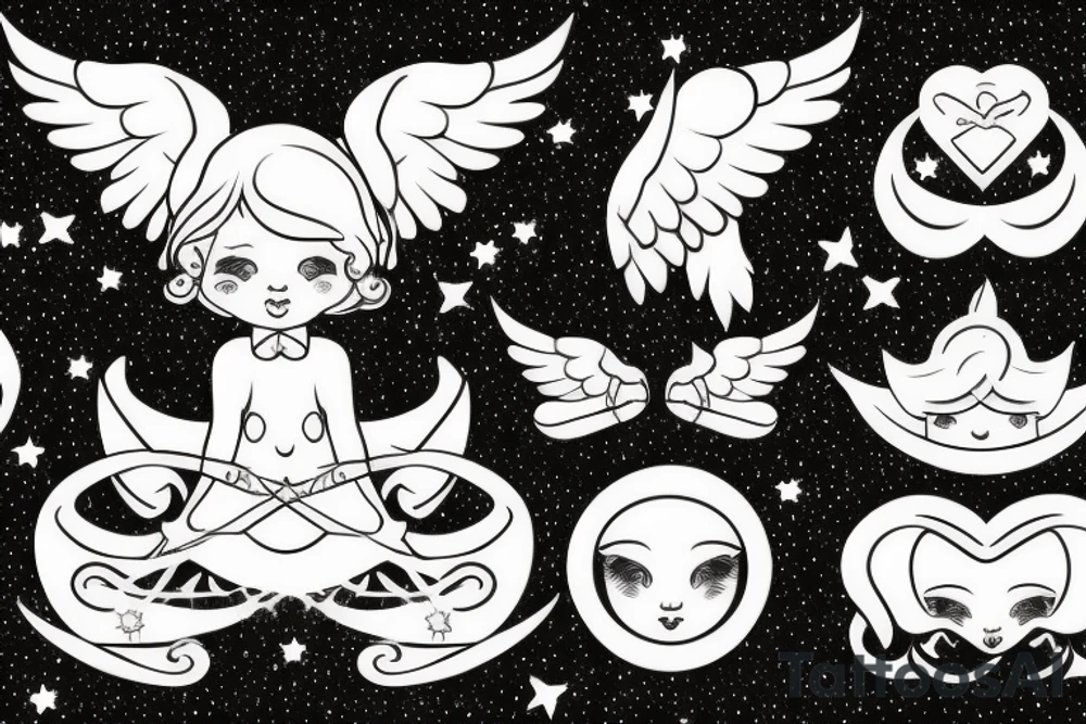cherub blonde baby girl with angel wings and devil horns and a halo, shooting bow and arrows tipped with stars tattoo idea
