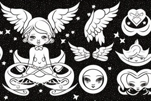 cherub blonde baby girl with angel wings and devil horns and a halo, shooting bow and arrows tipped with stars tattoo idea