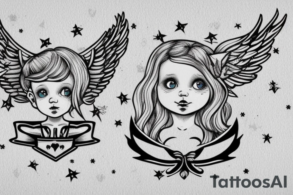 cherub blonde baby girl with angel wings and devil horns and a halo, shooting bow and arrows tipped with stars tattoo idea