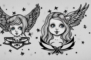 cherub blonde baby girl with angel wings and devil horns and a halo, shooting bow and arrows tipped with stars tattoo idea