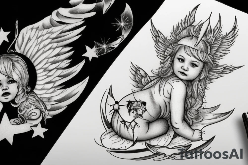 cherub blonde baby girl with angel wings and devil horns and a halo, shooting bow and arrows tipped with stars tattoo idea