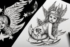 cherub blonde baby girl with angel wings and devil horns and a halo, shooting bow and arrows tipped with stars tattoo idea