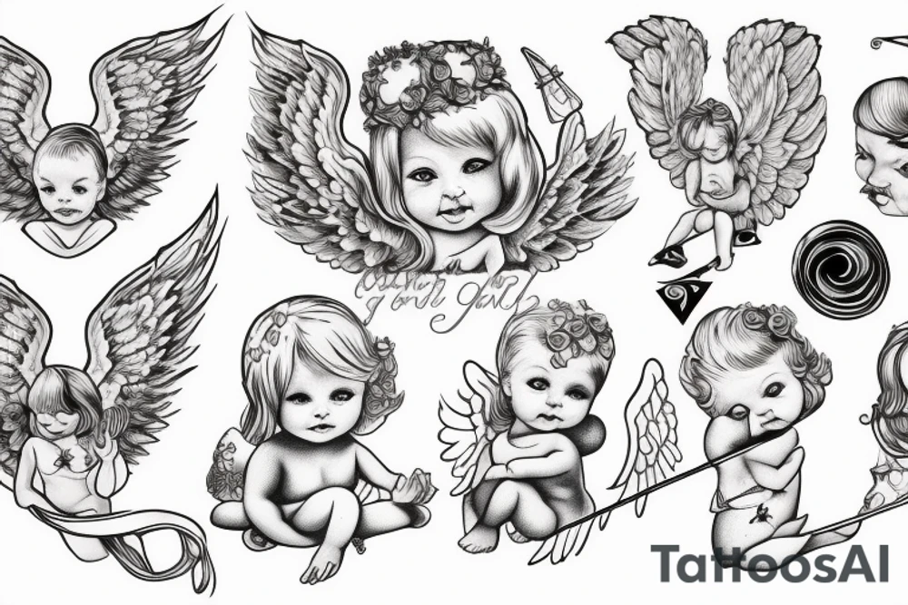 cherub blonde baby girl with angel wings and devil horns and a halo, shooting bow and arrows tipped with stars tattoo idea