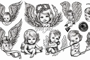cherub blonde baby girl with angel wings and devil horns and a halo, shooting bow and arrows tipped with stars tattoo idea