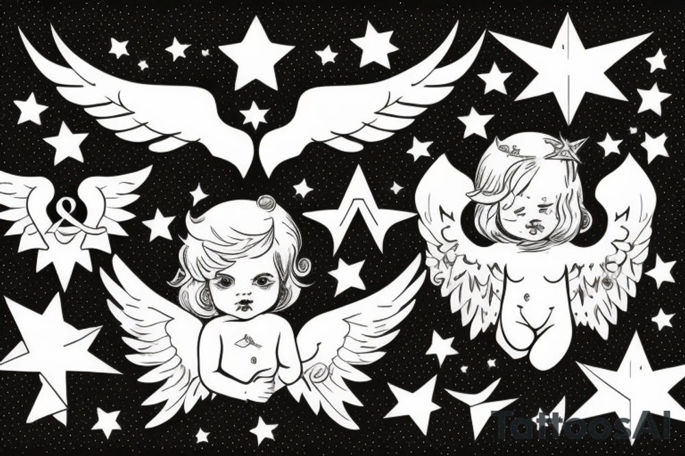 cherub blonde baby girl with angel wings and devil horns and a halo, shooting bow and arrows tipped with stars tattoo idea