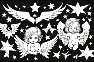 cherub blonde baby girl with angel wings and devil horns and a halo, shooting bow and arrows tipped with stars tattoo idea