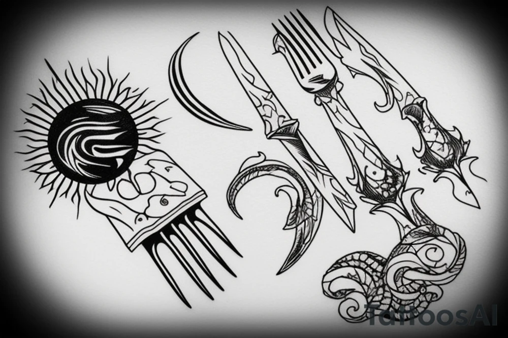 A fork as a part of a sunset in the sea tattoo idea
