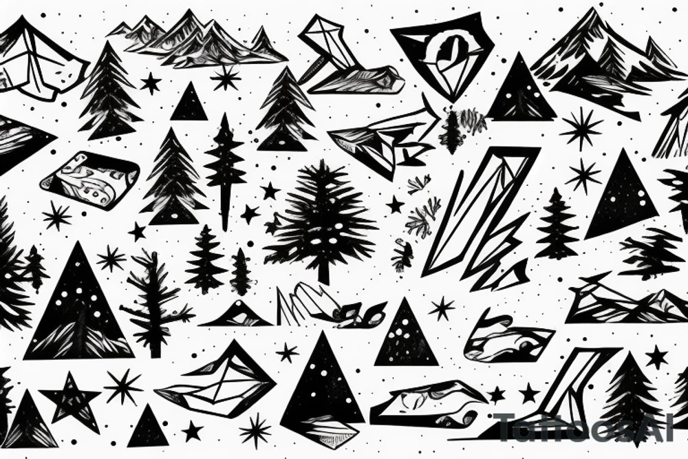 snowboard board, pines, snow, stars tattoo idea