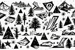 snowboard board, pines, snow, stars tattoo idea