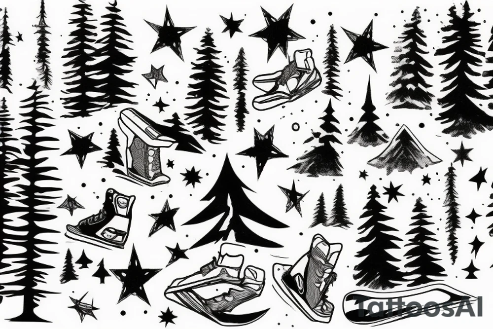 snowboard board, pines, snow, stars tattoo idea