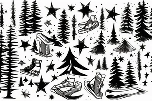snowboard board, pines, snow, stars tattoo idea