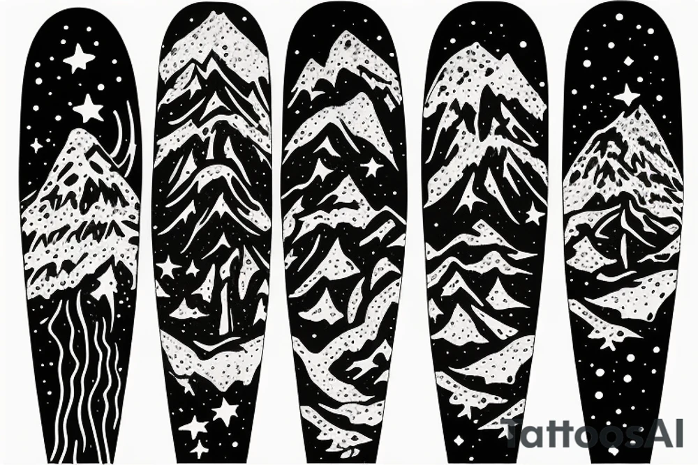 snowboard board, pines, snow, stars tattoo idea