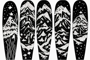 snowboard board, pines, snow, stars tattoo idea