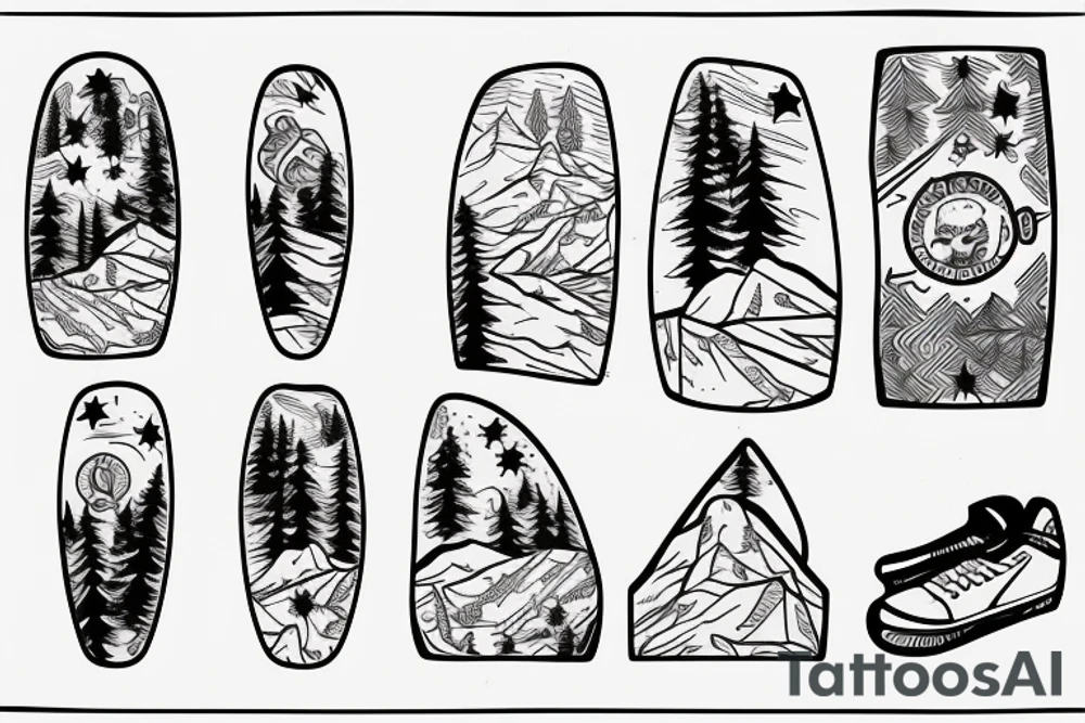 snowboard board, pines, snow, stars tattoo idea