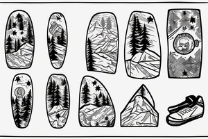 snowboard board, pines, snow, stars tattoo idea