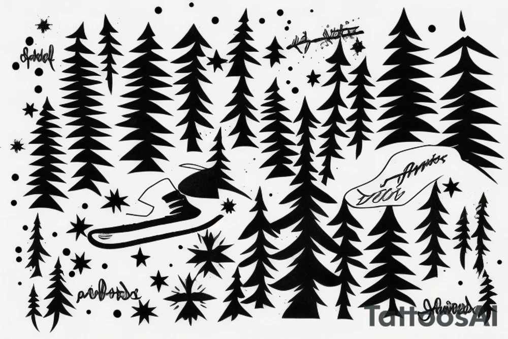 snowboard board, pines, snow, stars tattoo idea