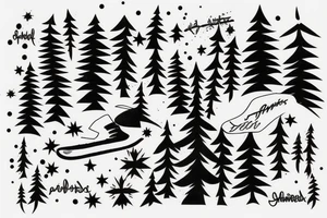 snowboard board, pines, snow, stars tattoo idea
